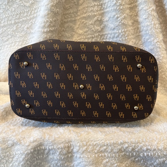 Dooney & Bourke DB Monogram Satchel Brown Leather Trim Red Interior - Picture 5 of 7